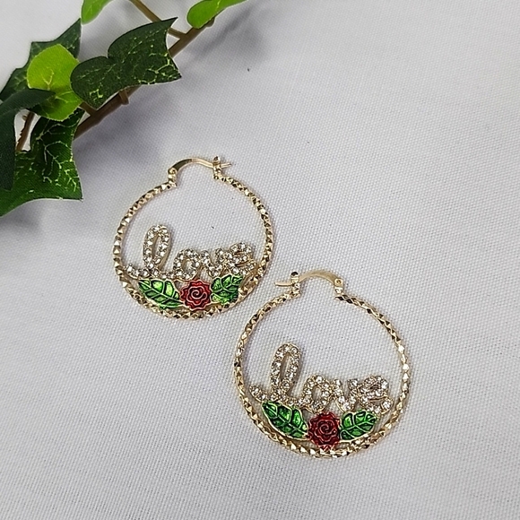 Gold Hoop Earrings LOVE with Red Rose and Leaves New - Picture 1 of 7